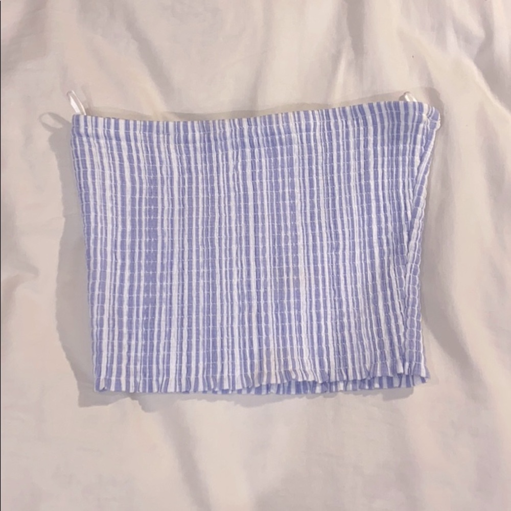 Blue and white top.